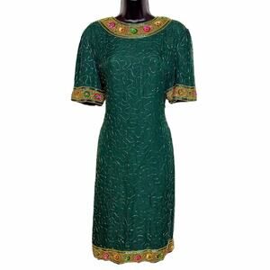 VINTAGE 80S 90S RETRO BEADED SILK GREEN MULTICOLOR DRESS BY NIGHT WAVES SIZE L